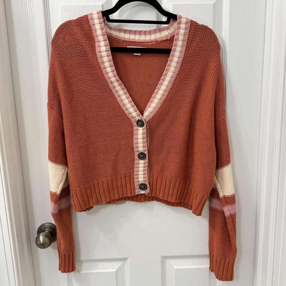 NWOT American Eagle Burnt Orange Striped Button Up Cardigan, Women’s Size Medium